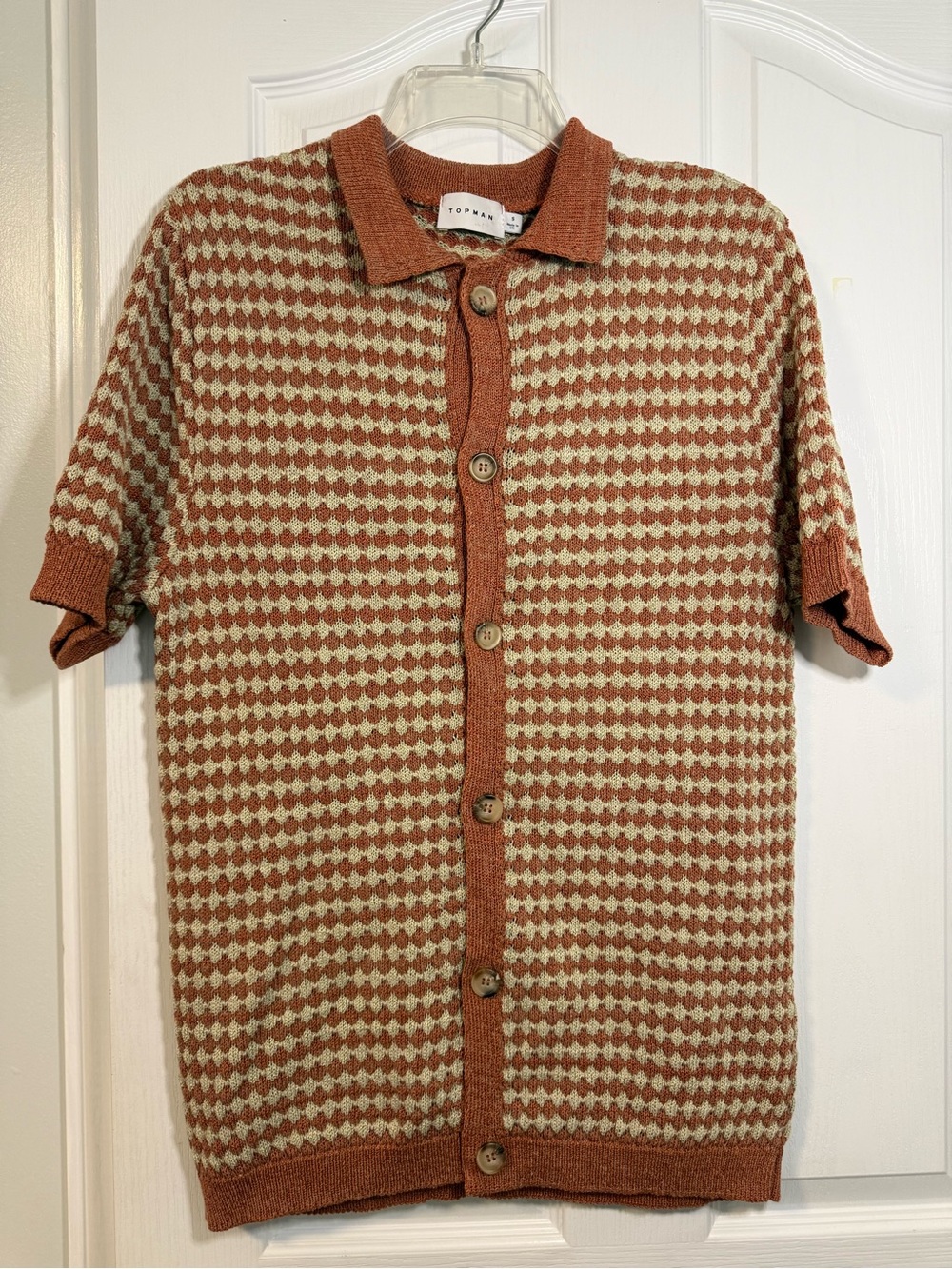 Topman Men’s Rust and Cream Short-Sleeve Button Knit Shirt Small